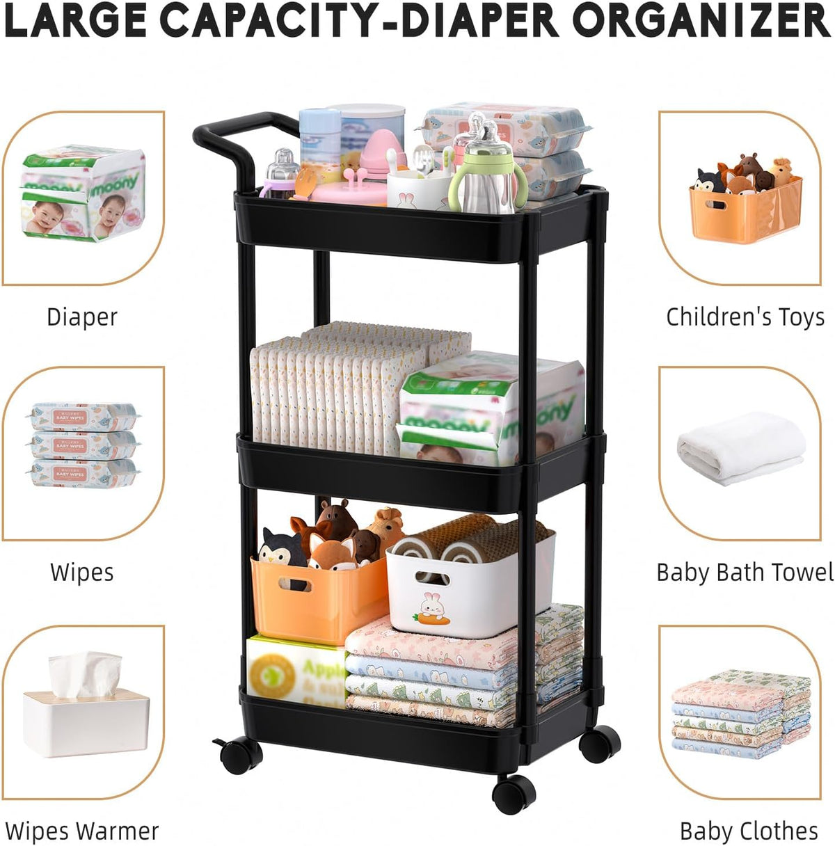 Diaper Caddy, 3 Tier Rolling Cart for Baby Essentials, Off-White