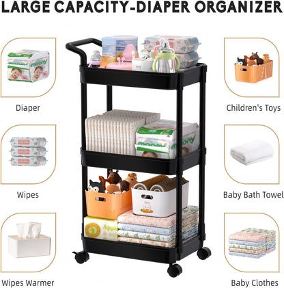 Diaper Caddy, 3 Tier Rolling Cart for Baby Essentials, Off-White