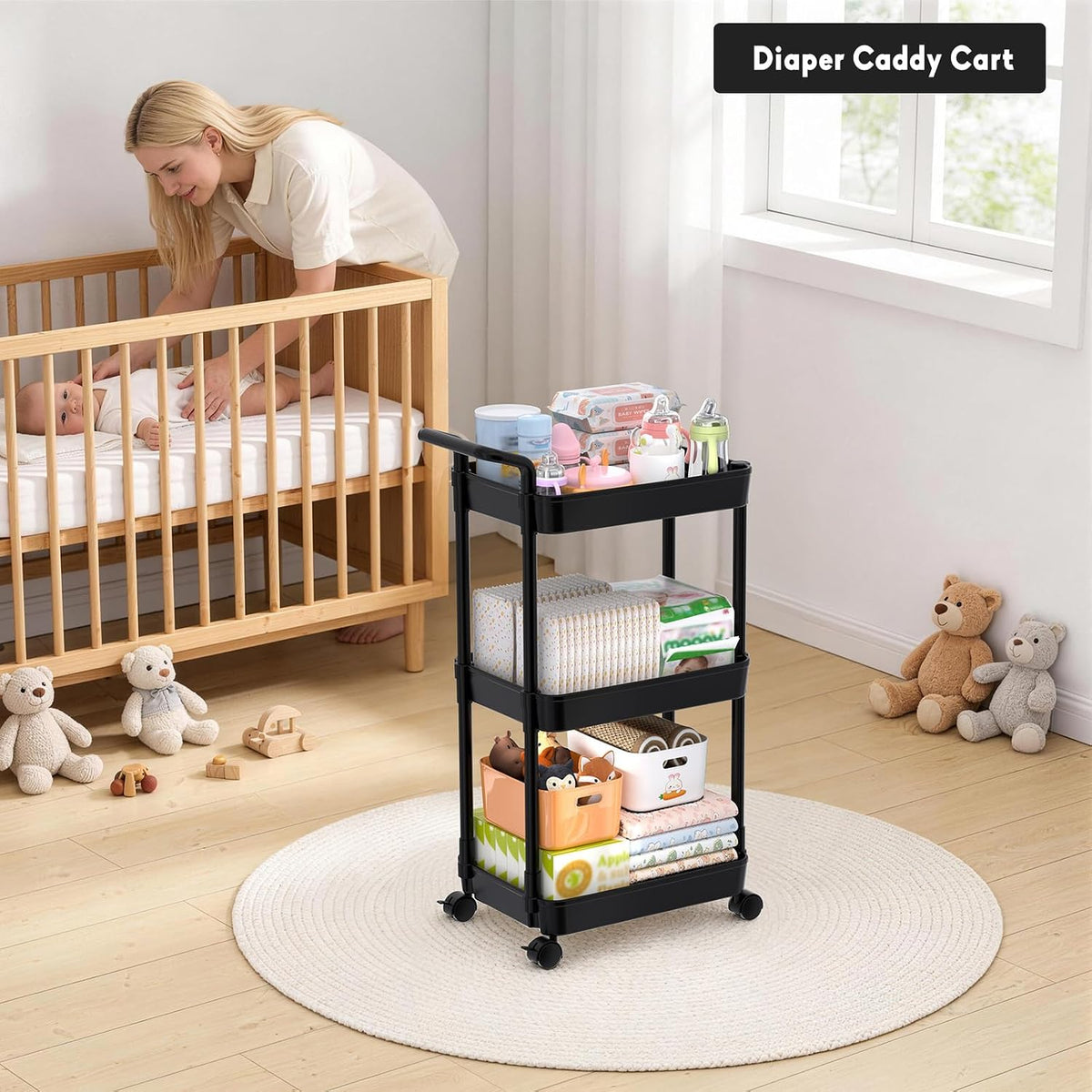 Diaper Caddy, 3 Tier Rolling Cart for Baby Essentials, Off-White