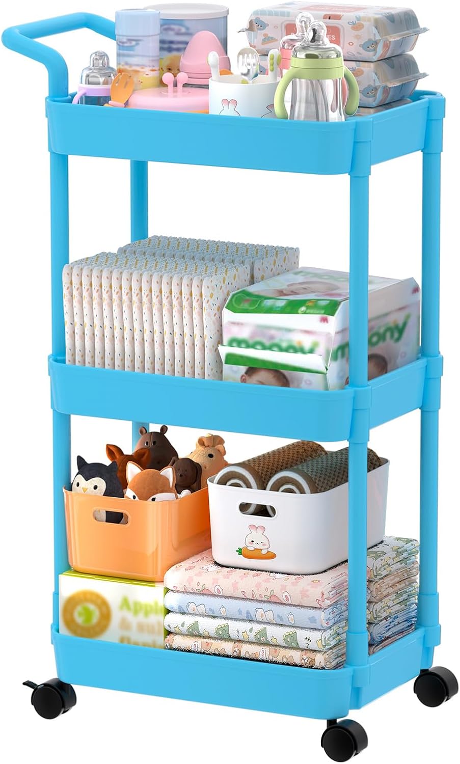 Diaper Caddy, 3 Tier Rolling Cart for Baby Essentials, Off-White