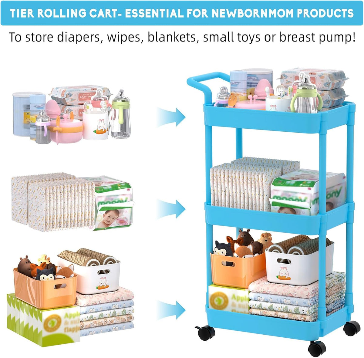 Diaper Caddy, 3 Tier Rolling Cart for Baby Essentials, Off-White