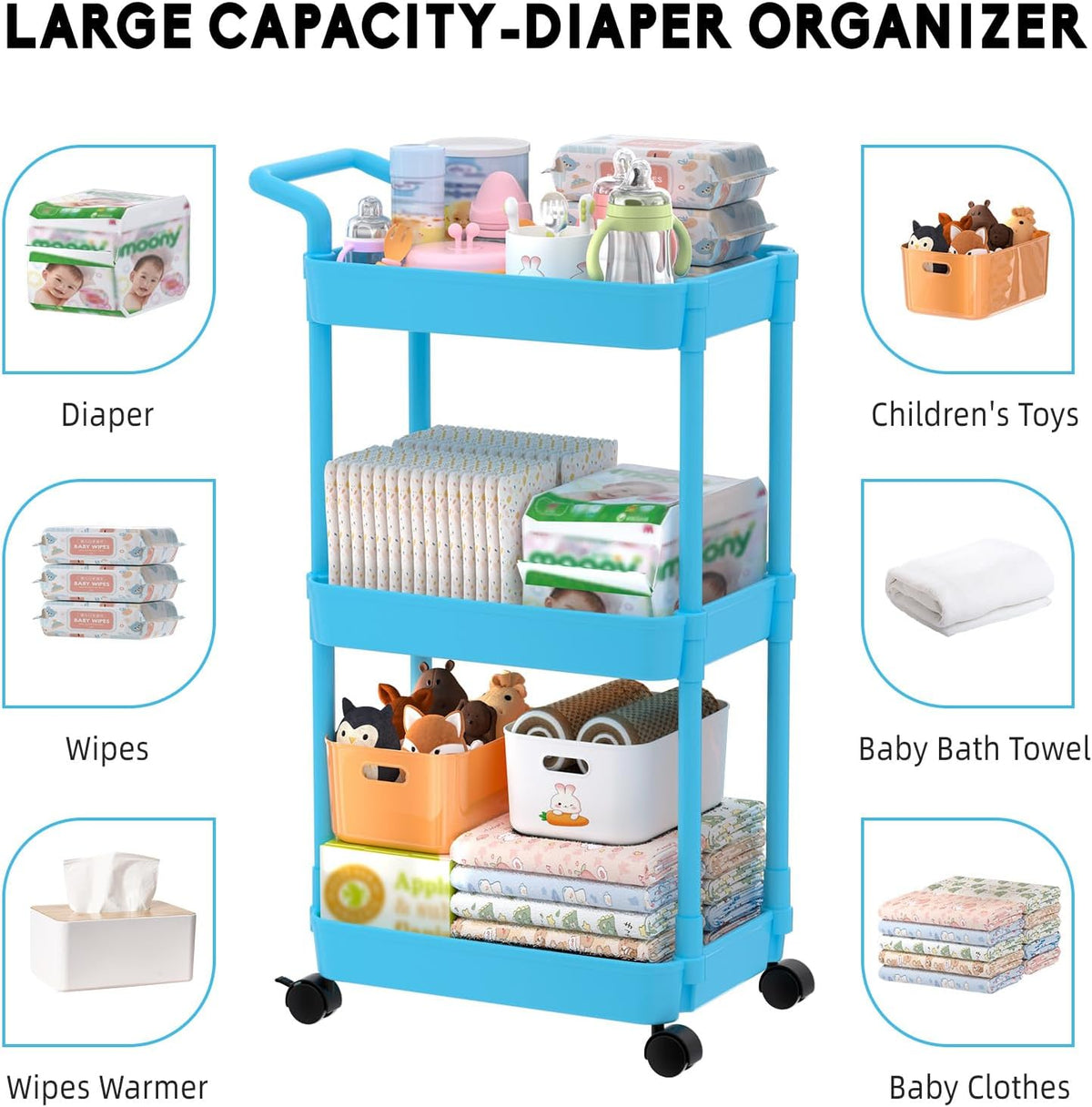 Diaper Caddy, 3 Tier Rolling Cart for Baby Essentials, Off-White