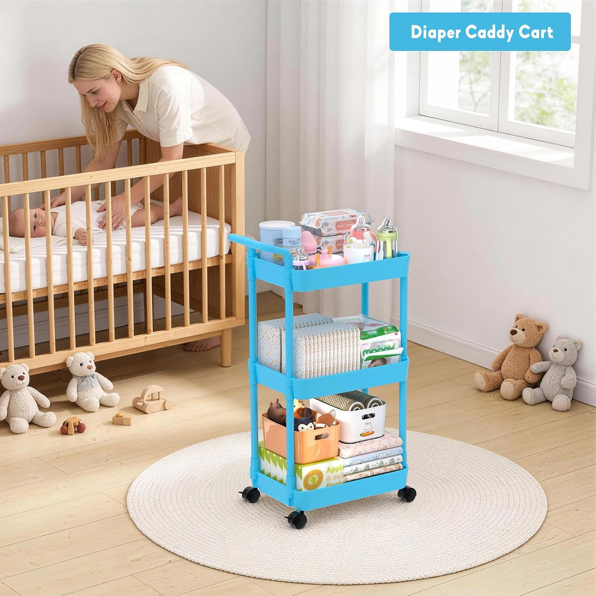 Diaper Caddy, 3 Tier Rolling Cart for Baby Essentials, Off-White