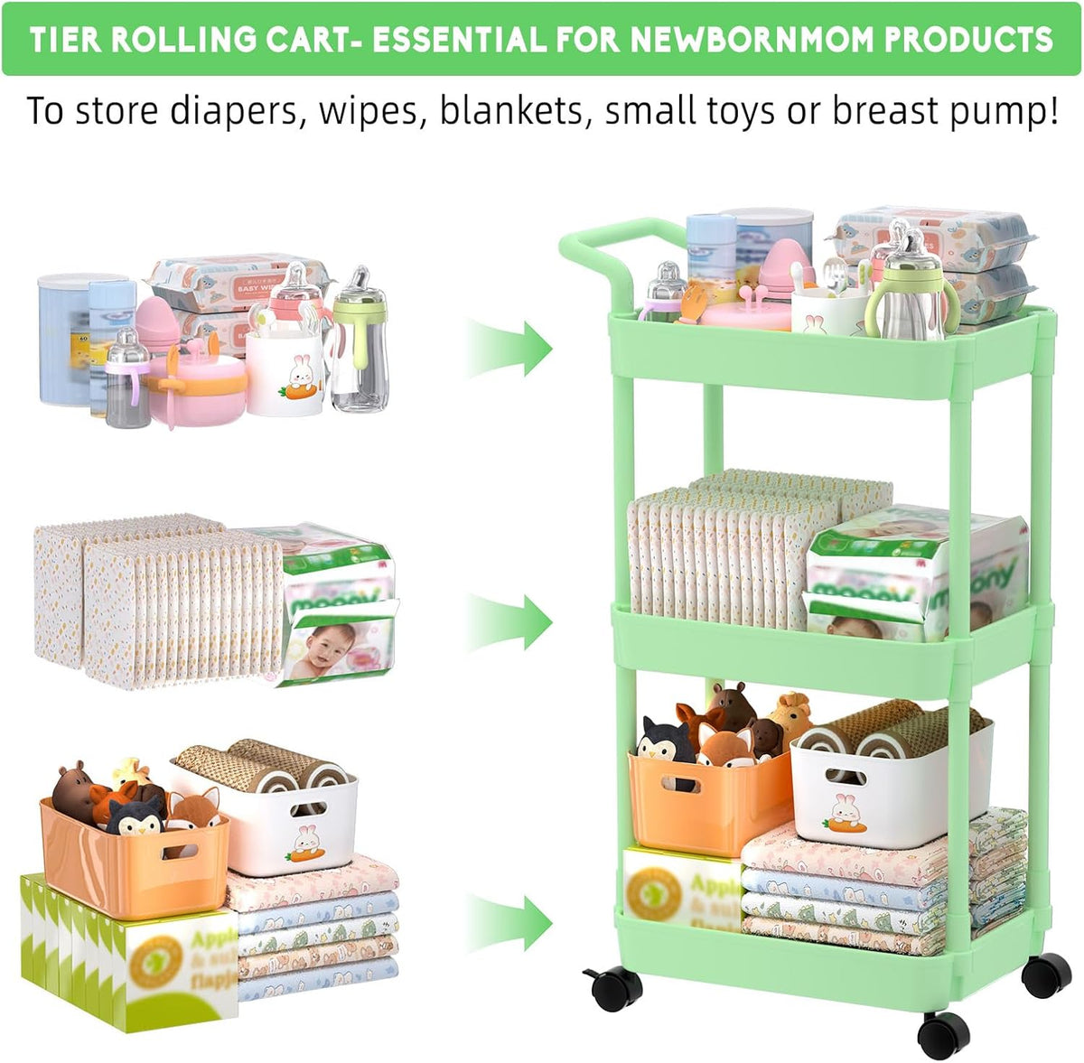 Diaper Caddy, 3 Tier Rolling Cart for Baby Essentials, Off-White