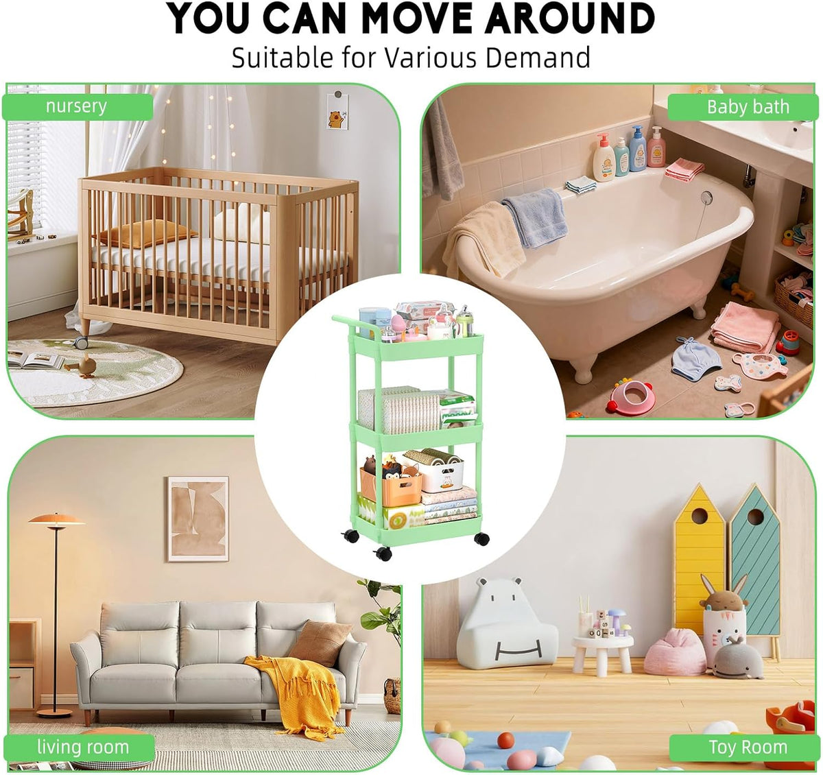 Diaper Caddy, 3 Tier Rolling Cart for Baby Essentials, Off-White