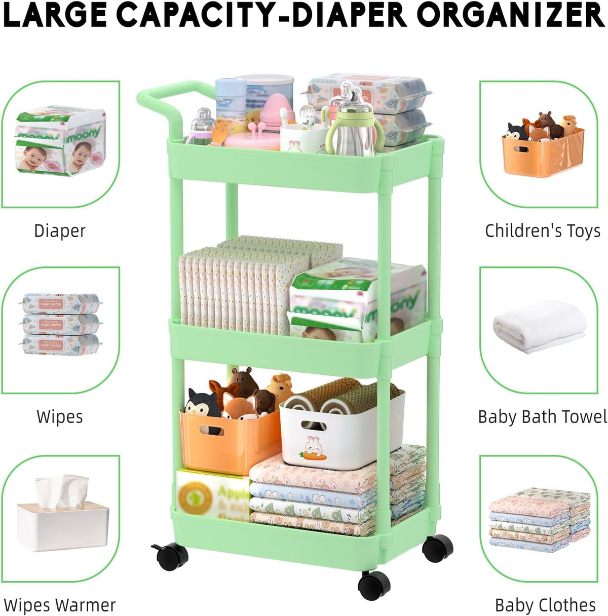 Diaper Caddy, 3 Tier Rolling Cart for Baby Essentials, Off-White