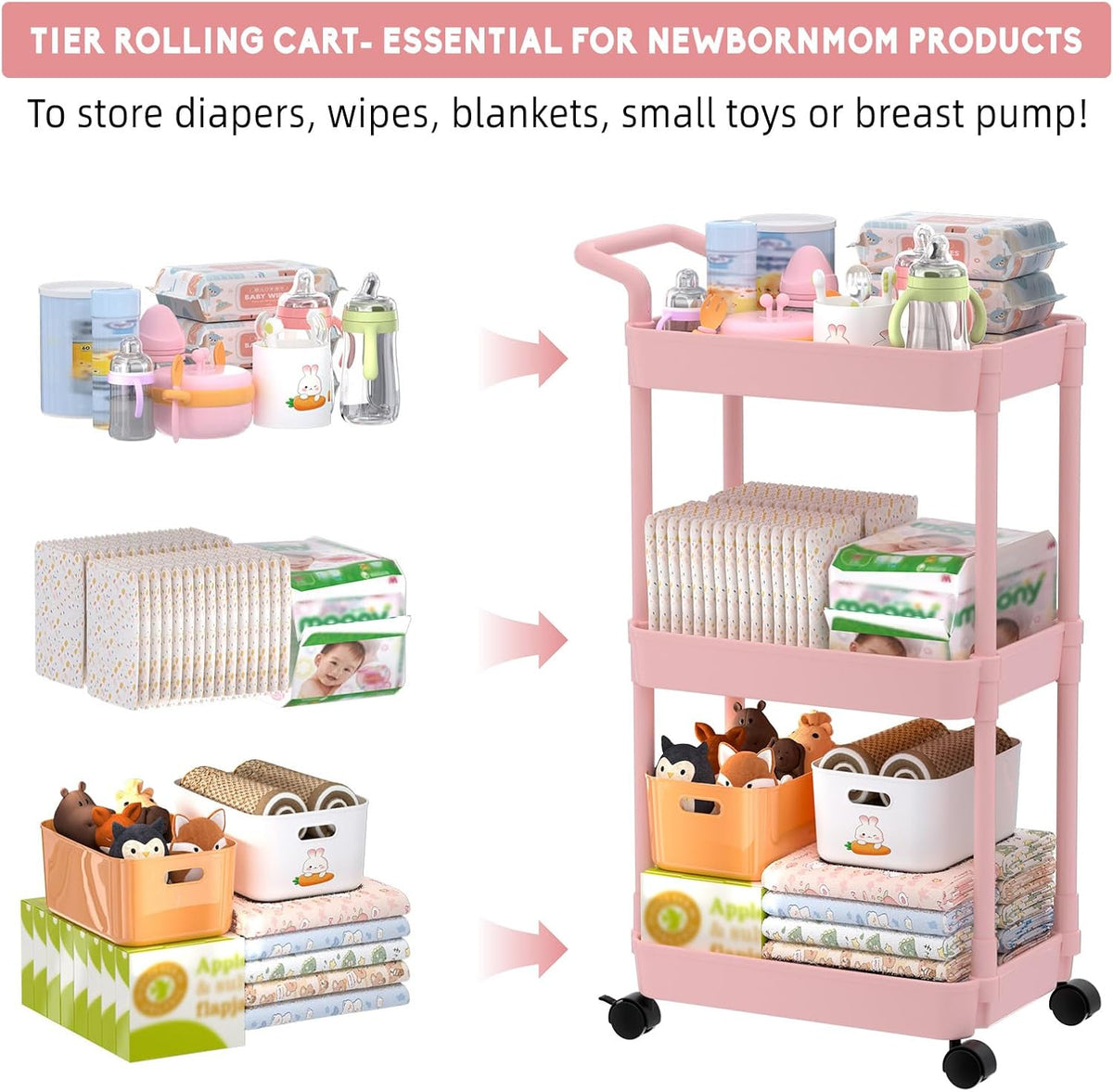 Diaper Caddy, 3 Tier Rolling Cart for Baby Essentials, Off-White