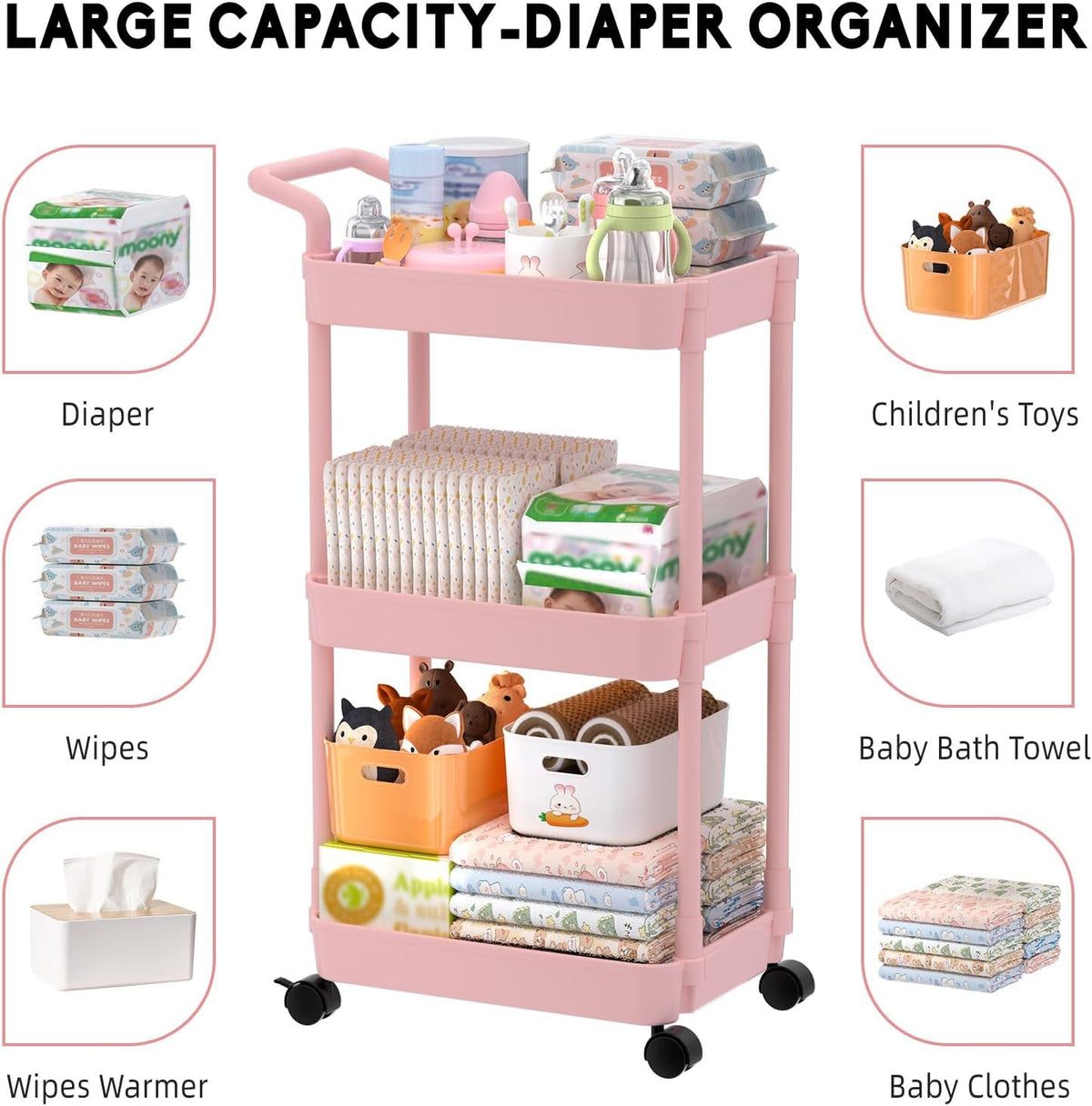 Diaper Caddy, 3 Tier Rolling Cart for Baby Essentials, Off-White