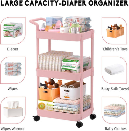 Diaper Caddy, 3 Tier Rolling Cart for Baby Essentials, Off-White