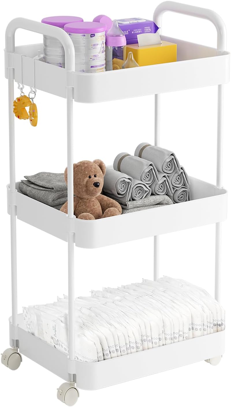 Diaper Caddy, 3 Tier Rolling Cart for Baby Essentials, Off-White