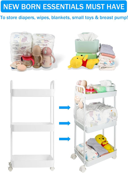 Diaper Caddy, 3 Tier Rolling Cart for Baby Essentials, Off-White