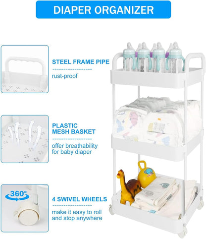 Diaper Caddy, 3 Tier Rolling Cart for Baby Essentials, Off-White