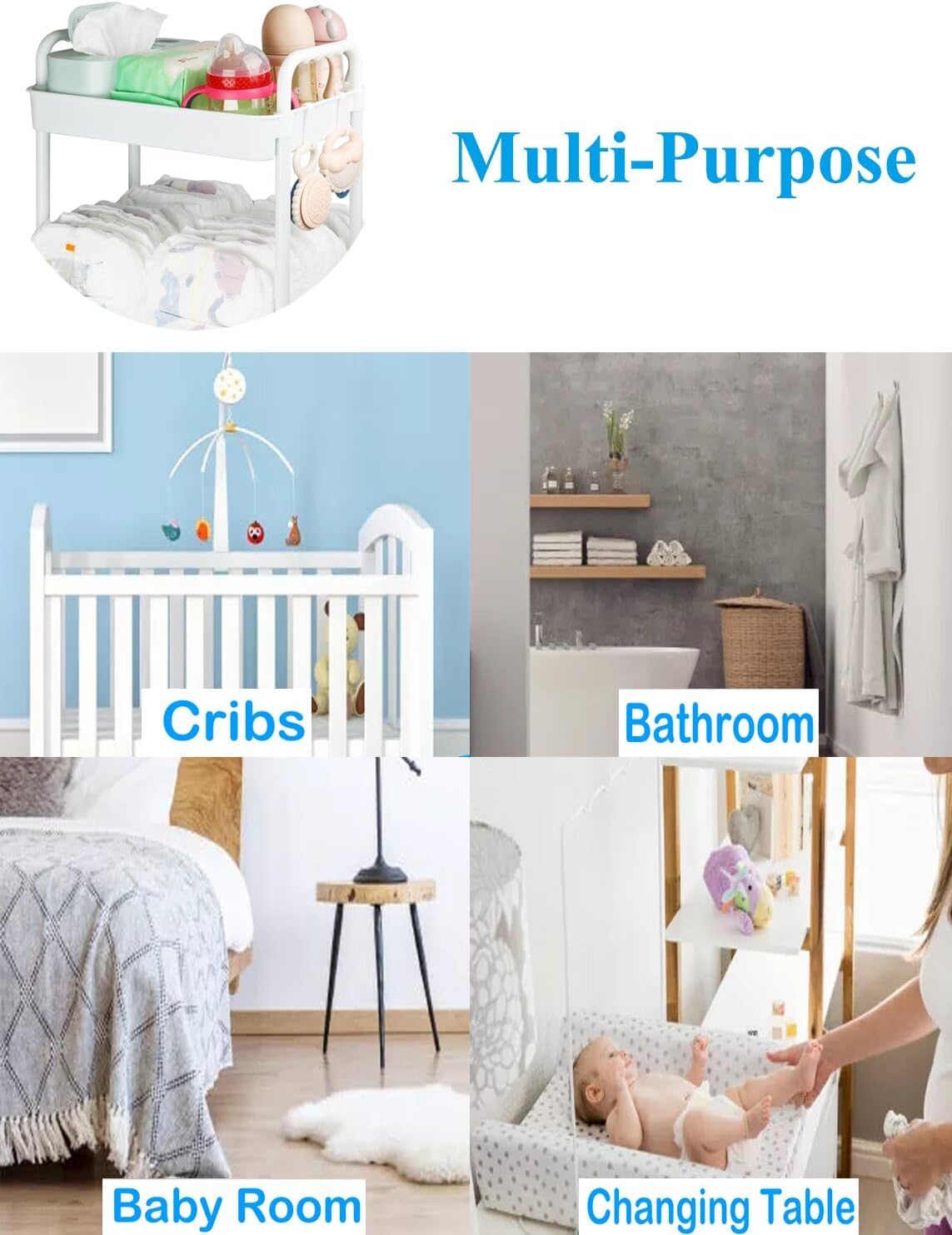Diaper Caddy, 3 Tier Rolling Cart for Baby Essentials, Off-White