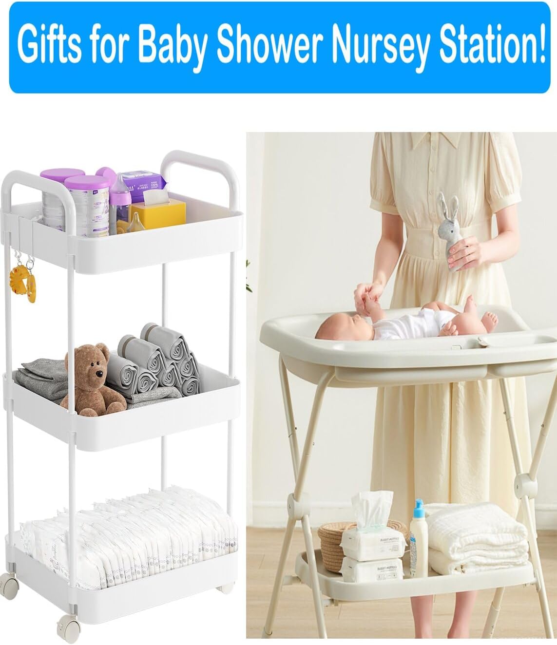 Diaper Caddy, 3 Tier Rolling Cart for Baby Essentials, Off-White