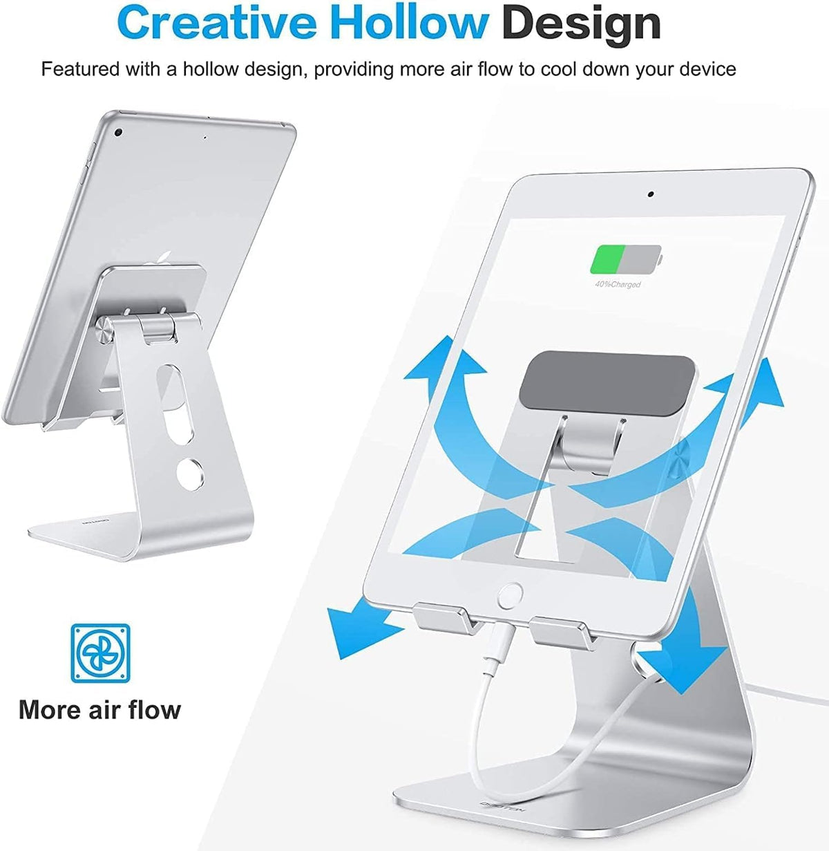 T2 Tablet Stand for Desk, Aluminum Holder for iPad Pro/Air, Silver