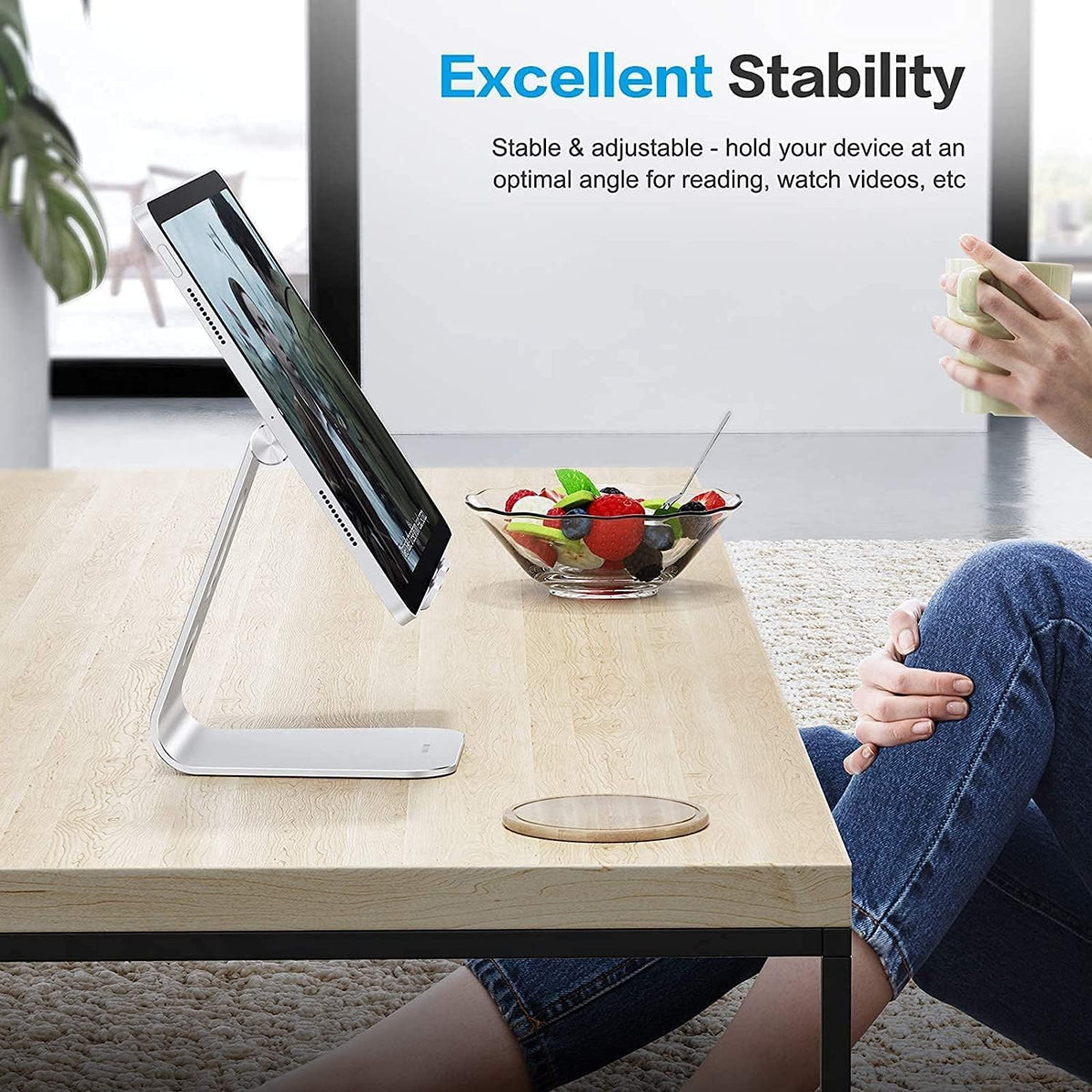 T2 Tablet Stand for Desk, Aluminum Holder for iPad Pro/Air, Silver
