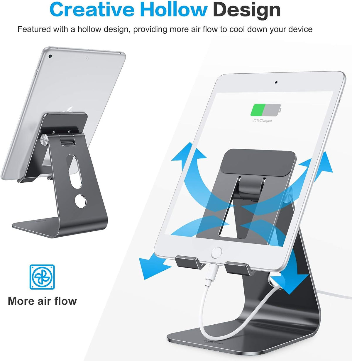 T2 Tablet Stand for Desk, Aluminum Holder for iPad Pro/Air, Silver