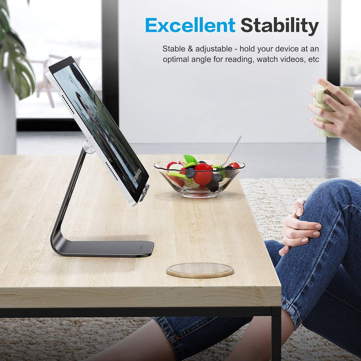 T2 Tablet Stand for Desk, Aluminum Holder for iPad Pro/Air, Silver