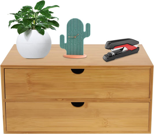 Bamboo Desk Organizer with 2 Drawers, Natural Wood Tabletop Storage Box | No-Assembly Countertop Drawer for Office Home Makeup Jewelry Stationery