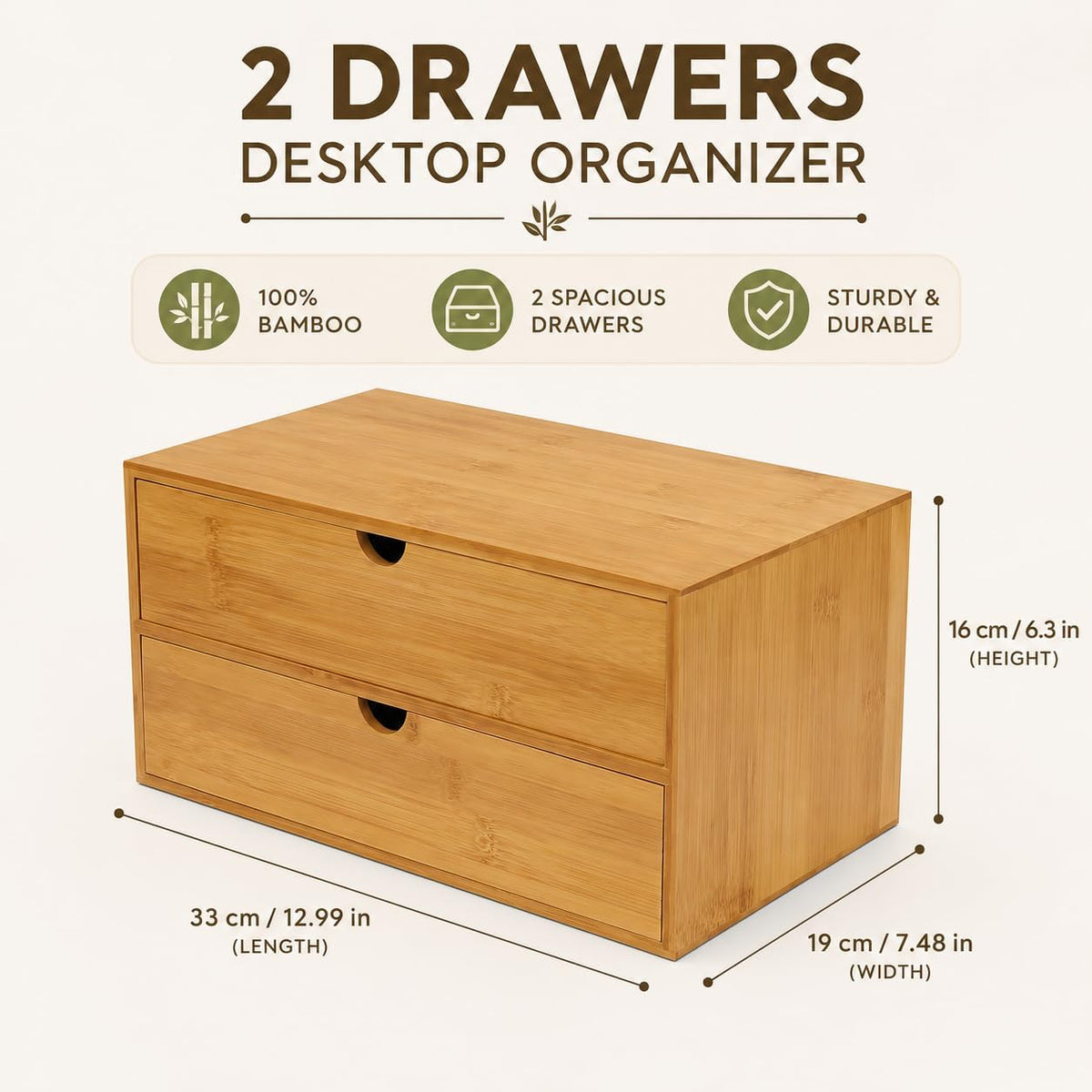Bamboo Desk Organizer with 2 Drawers, Natural Wood Tabletop Storage Box | No-Assembly Countertop Drawer for Office Home Makeup Jewelry Stationery