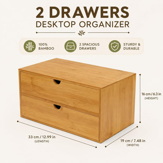 Bamboo Desk Organizer with 2 Drawers, Natural Wood Tabletop Storage Box | No-Assembly Countertop Drawer for Office Home Makeup Jewelry Stationery