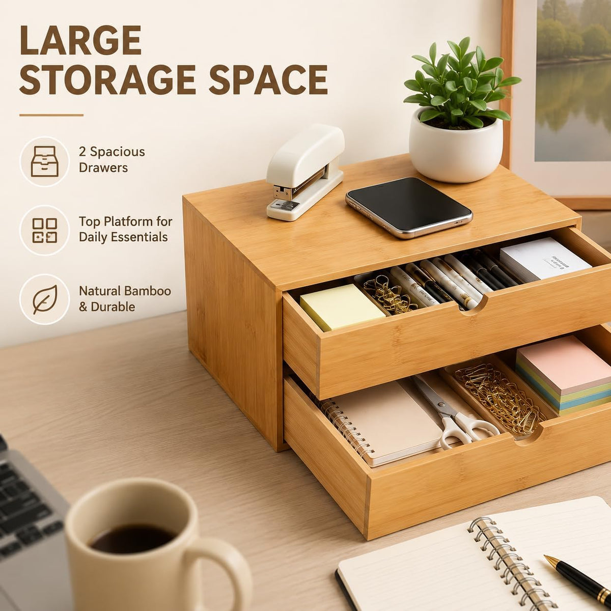 Bamboo Desk Organizer with 2 Drawers, Natural Wood Tabletop Storage Box | No-Assembly Countertop Drawer for Office Home Makeup Jewelry Stationery