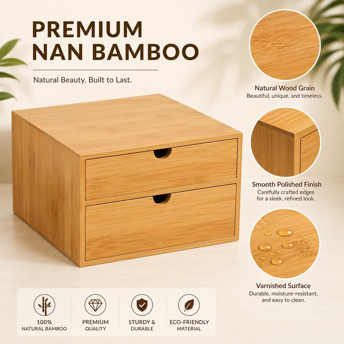 Bamboo Desk Organizer with 2 Drawers, Natural Wood Tabletop Storage Box | No-Assembly Countertop Drawer for Office Home Makeup Jewelry Stationery