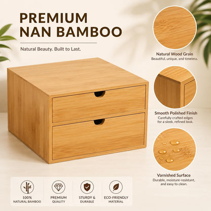 Bamboo Desk Organizer with 2 Drawers, Natural Wood Tabletop Storage Box | No-Assembly Countertop Drawer for Office Home Makeup Jewelry Stationery