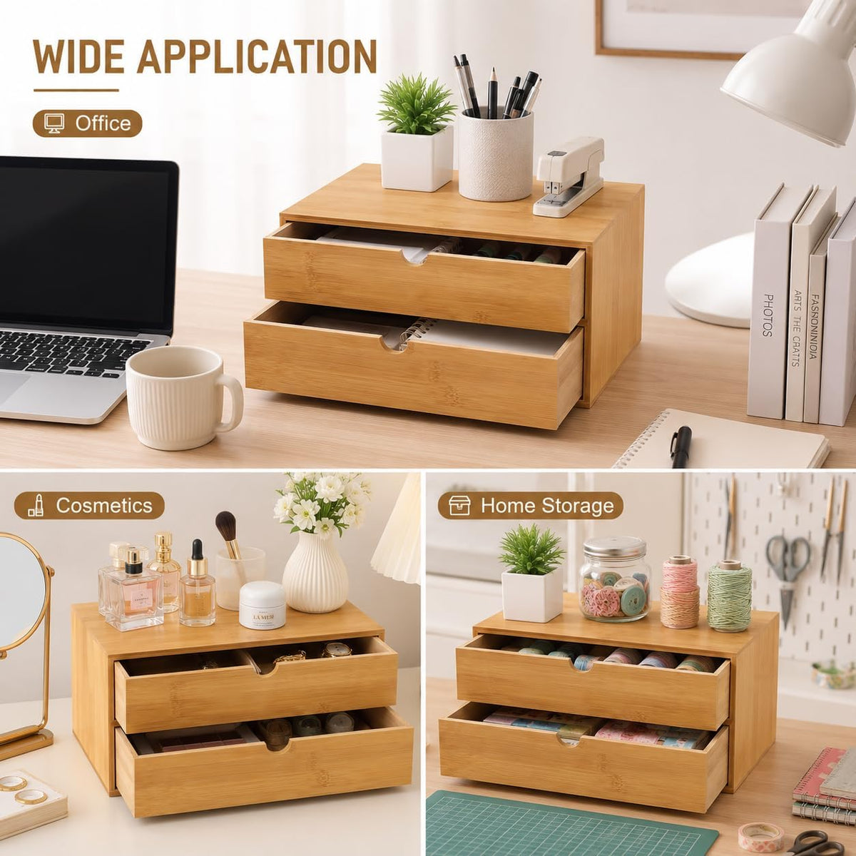 Bamboo Desk Organizer with 2 Drawers, Natural Wood Tabletop Storage Box | No-Assembly Countertop Drawer for Office Home Makeup Jewelry Stationery