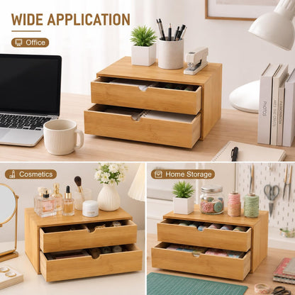 Bamboo Desk Organizer with 2 Drawers, Natural Wood Tabletop Storage Box | No-Assembly Countertop Drawer for Office Home Makeup Jewelry Stationery