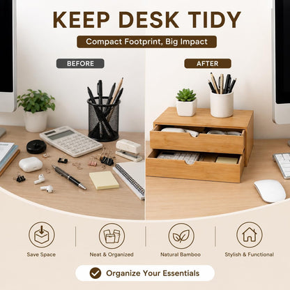 Bamboo Desk Organizer with 2 Drawers, Natural Wood Tabletop Storage Box | No-Assembly Countertop Drawer for Office Home Makeup Jewelry Stationery