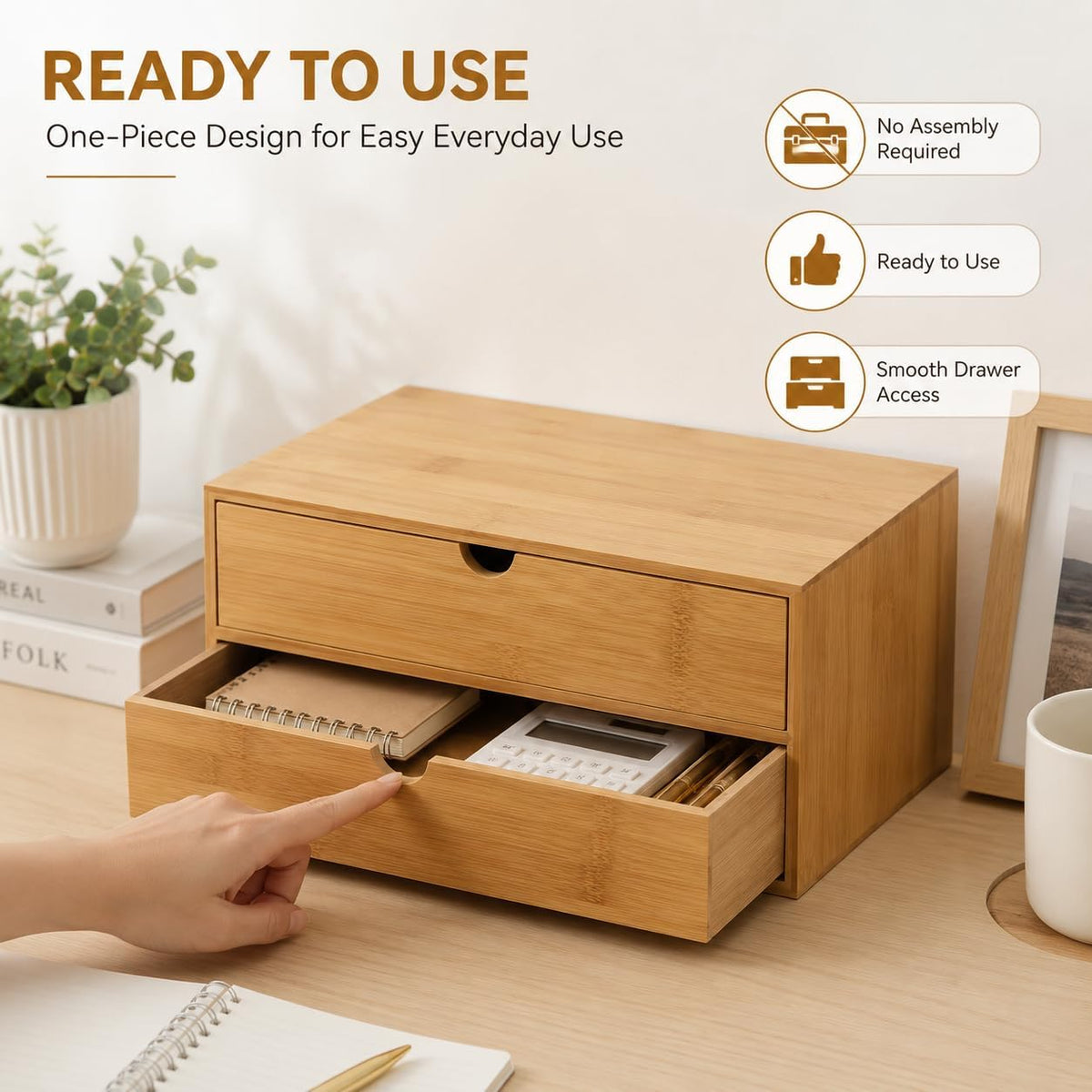 Bamboo Desk Organizer with 2 Drawers, Natural Wood Tabletop Storage Box | No-Assembly Countertop Drawer for Office Home Makeup Jewelry Stationery