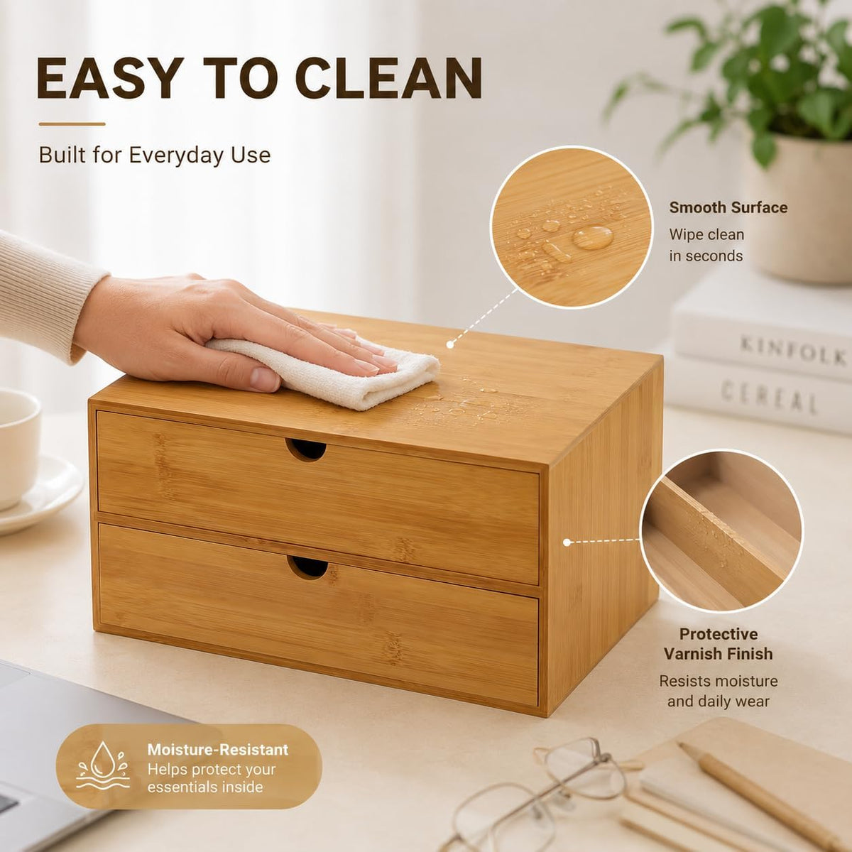 Bamboo Desk Organizer with 2 Drawers, Natural Wood Tabletop Storage Box | No-Assembly Countertop Drawer for Office Home Makeup Jewelry Stationery