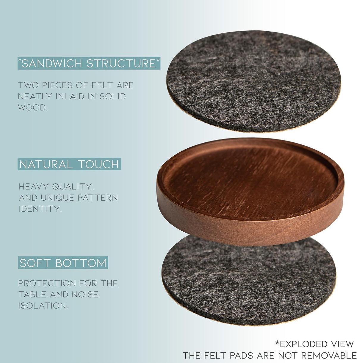 Wood Coaster for Drinks, 4.3 Inch, Set of 6, Absorbent and Insulation Felt Stackable Cup Holders, Coasters for Wooden Table, Designed
