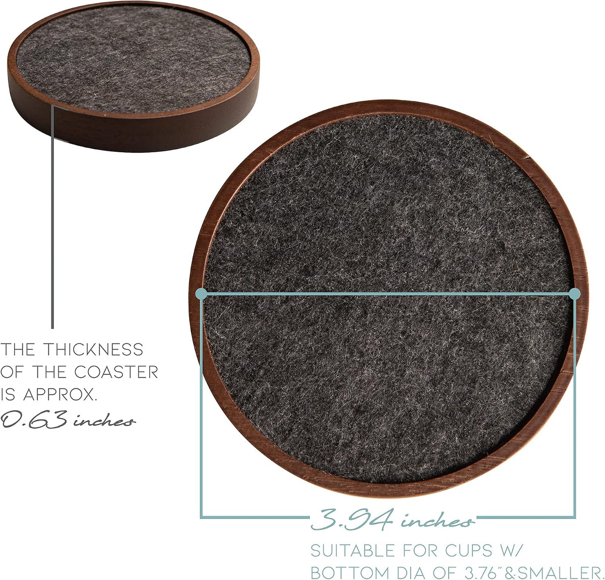 Wood Coaster for Drinks, 4.3 Inch, Set of 6, Absorbent and Insulation Felt Stackable Cup Holders, Coasters for Wooden Table, Designed