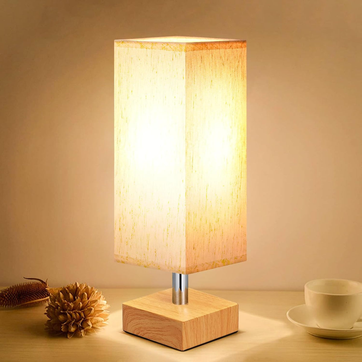 Wood-Grain Small Bedside Lamp for Bedroom - Square Cream Fabric Shade