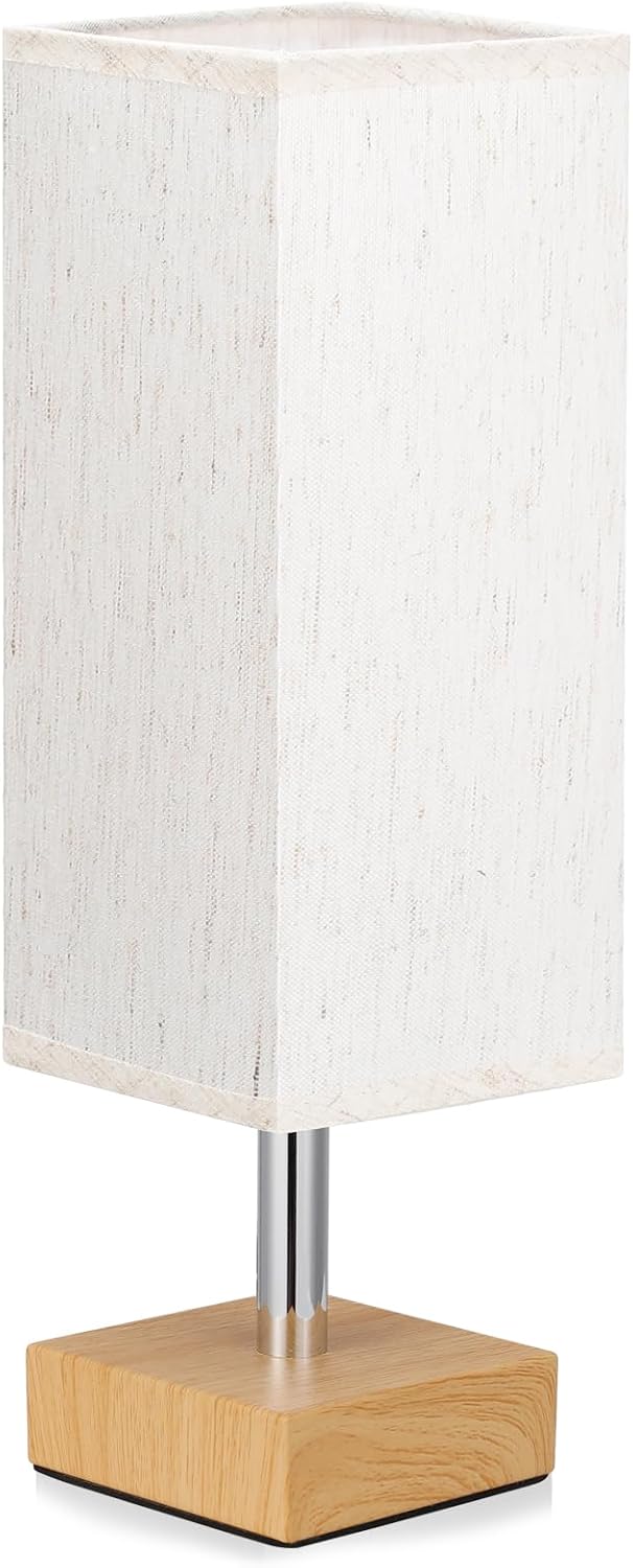 Wood-Grain Small Bedside Lamp for Bedroom - Square Cream Fabric Shade