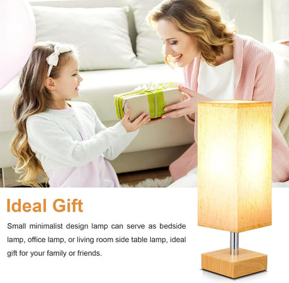 Wood-Grain Small Bedside Lamp for Bedroom - Square Cream Fabric Shade