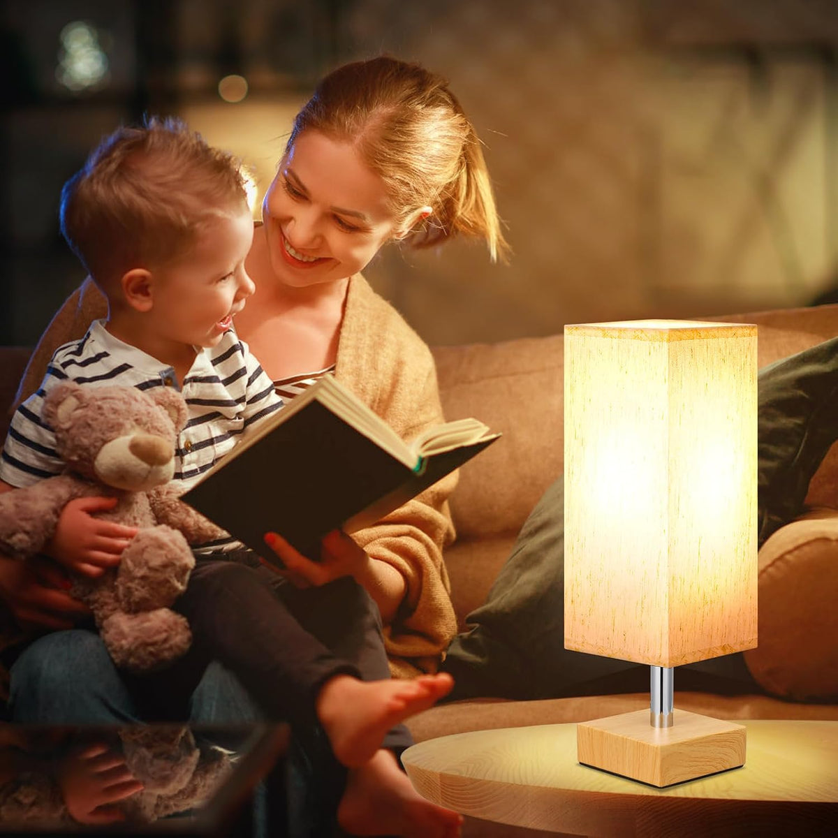 Wood-Grain Small Bedside Lamp for Bedroom - Square Cream Fabric Shade