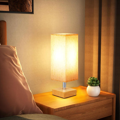 Wood-Grain Small Bedside Lamp for Bedroom - Square Cream Fabric Shade