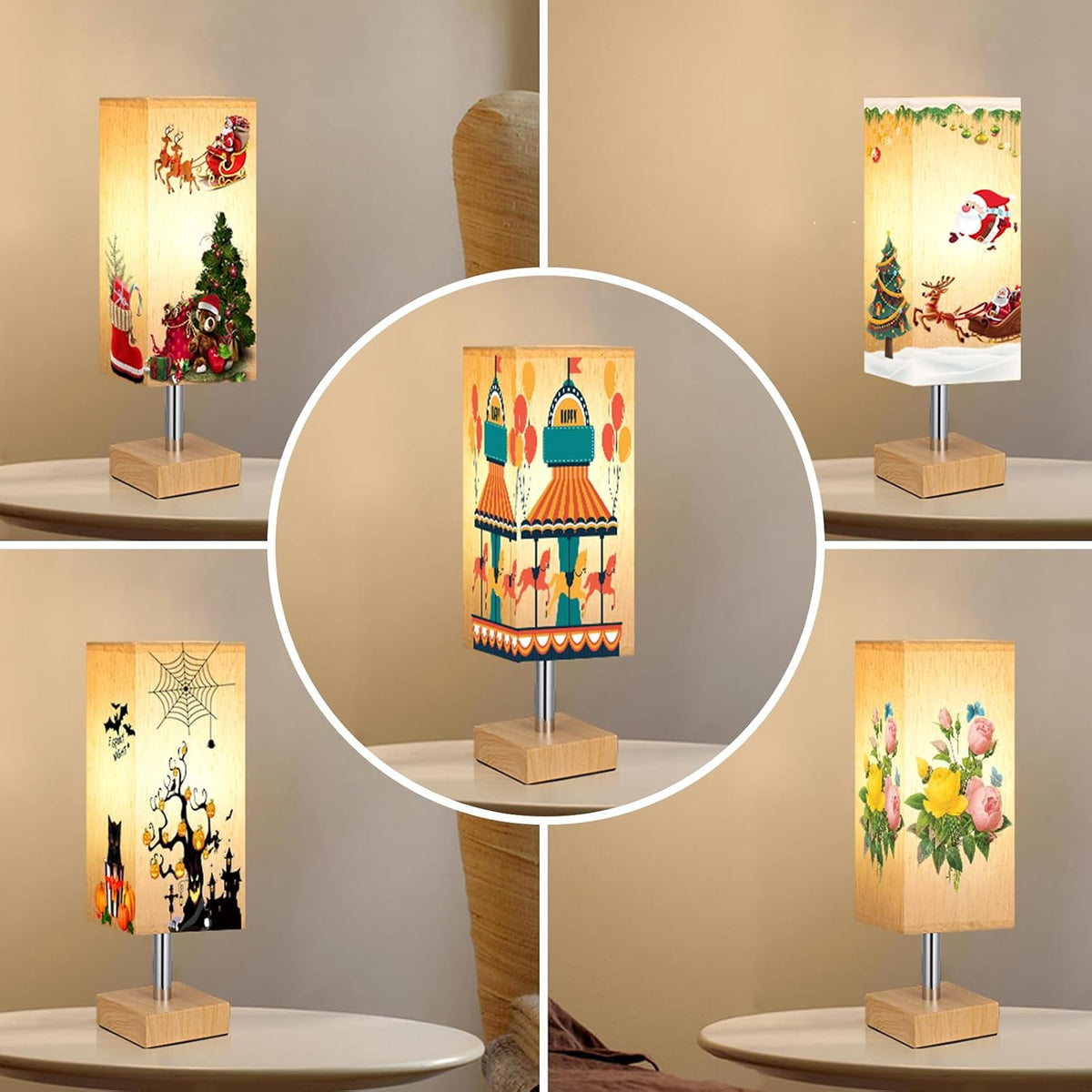 Wood-Grain Small Bedside Lamp for Bedroom - Square Cream Fabric Shade