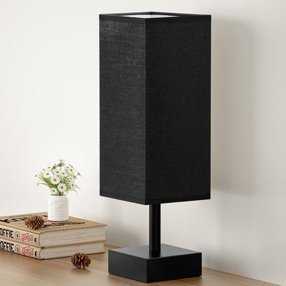 Wood-Grain Small Bedside Lamp for Bedroom - Square Cream Fabric Shade