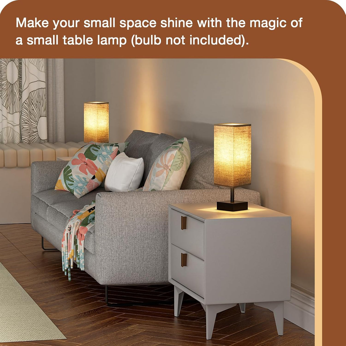 Wood-Grain Small Bedside Lamp for Bedroom - Square Cream Fabric Shade