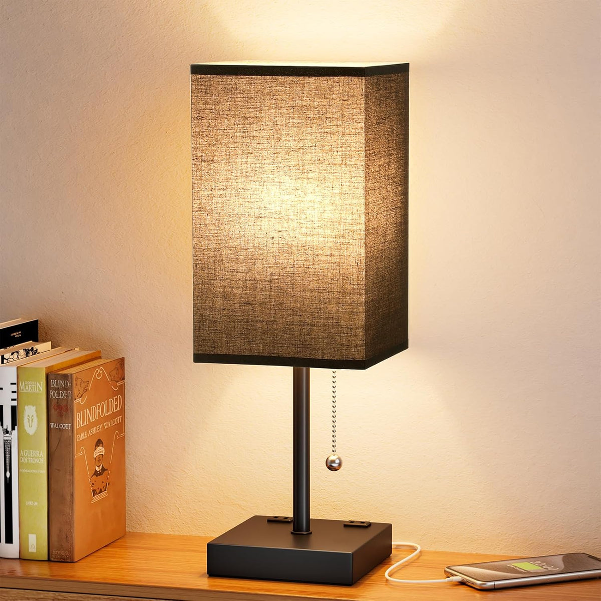 Wood-Grain Small Bedside Lamp for Bedroom - Square Cream Fabric Shade