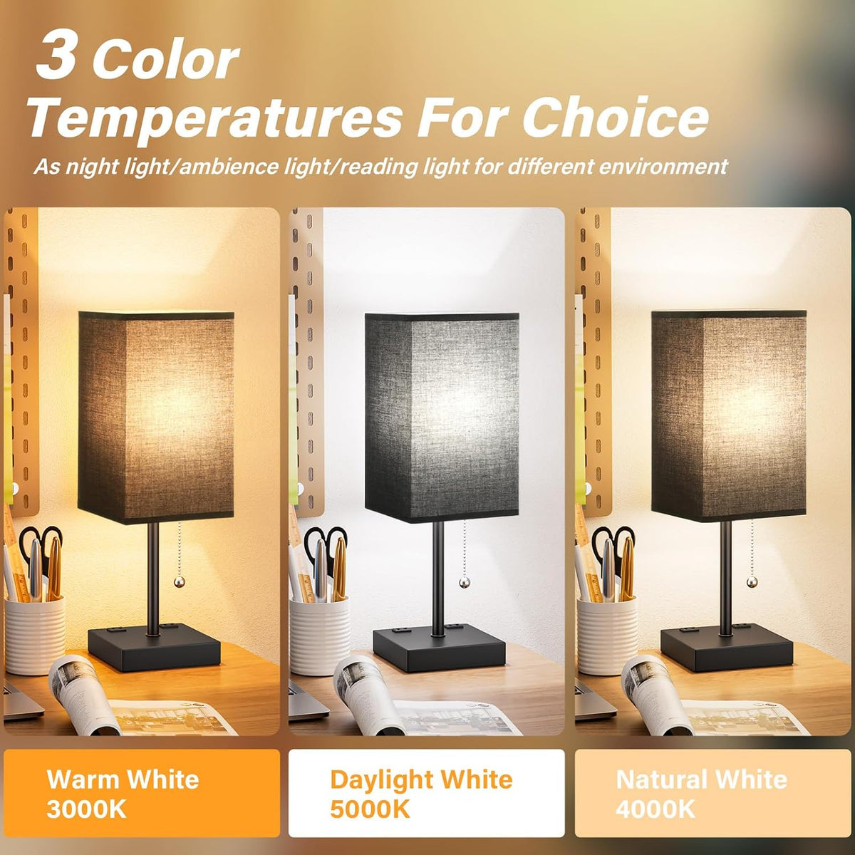 Wood-Grain Small Bedside Lamp for Bedroom - Square Cream Fabric Shade