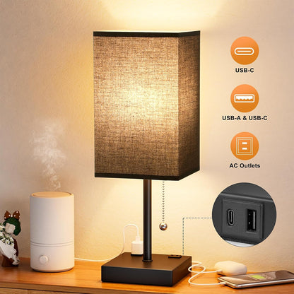 Wood-Grain Small Bedside Lamp for Bedroom - Square Cream Fabric Shade
