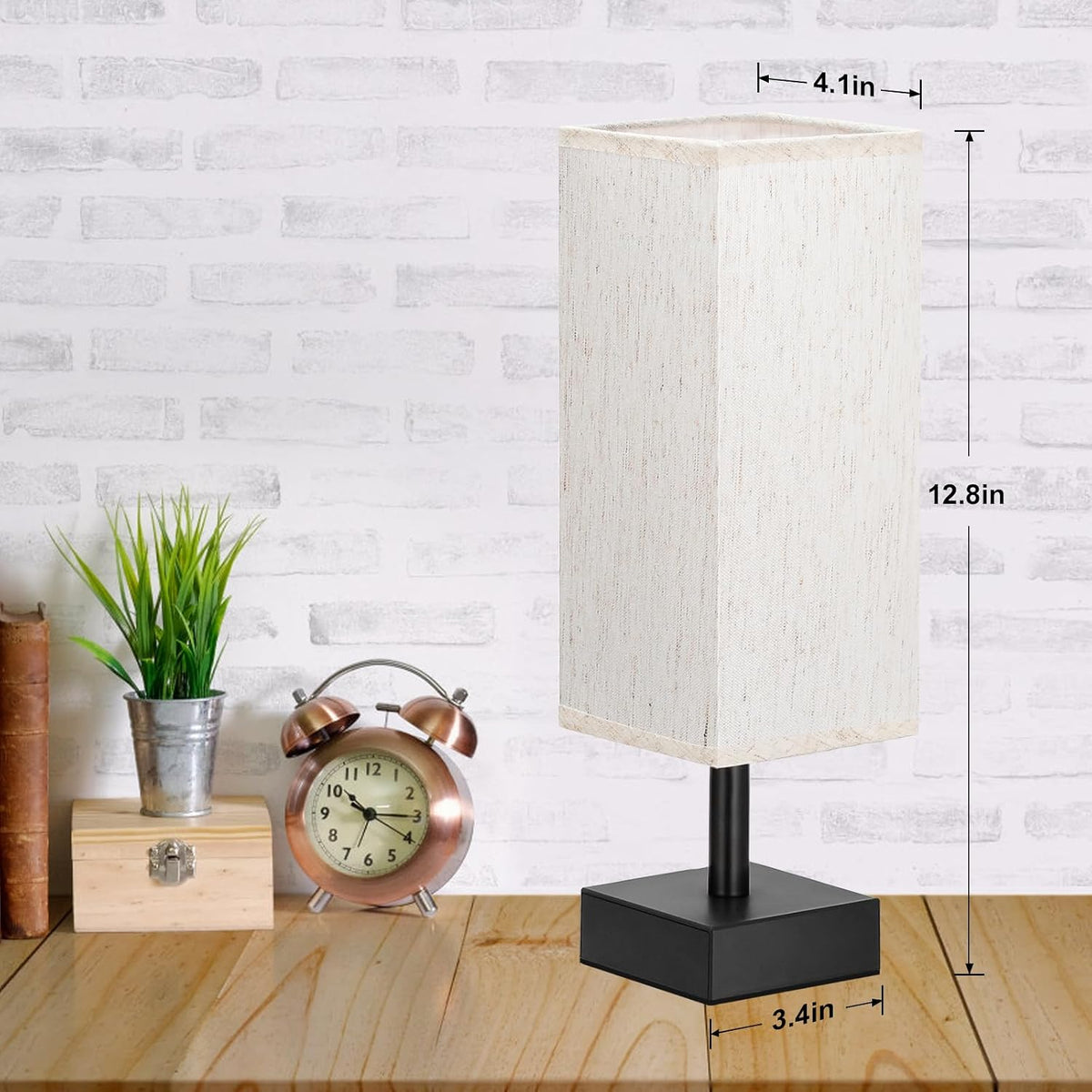 Wood-Grain Small Bedside Lamp for Bedroom - Square Cream Fabric Shade