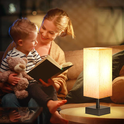Wood-Grain Small Bedside Lamp for Bedroom - Square Cream Fabric Shade