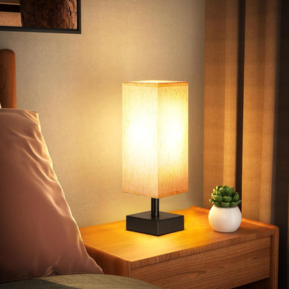 Wood-Grain Small Bedside Lamp for Bedroom - Square Cream Fabric Shade