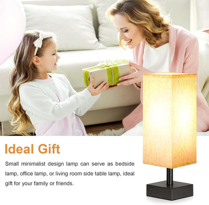 Wood-Grain Small Bedside Lamp for Bedroom - Square Cream Fabric Shade